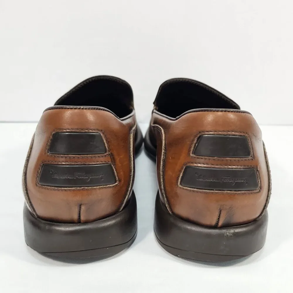 Salvatore Ferragamo Men’s Brown Leather Square Toe Slip-On Loafers Size 9.5 D